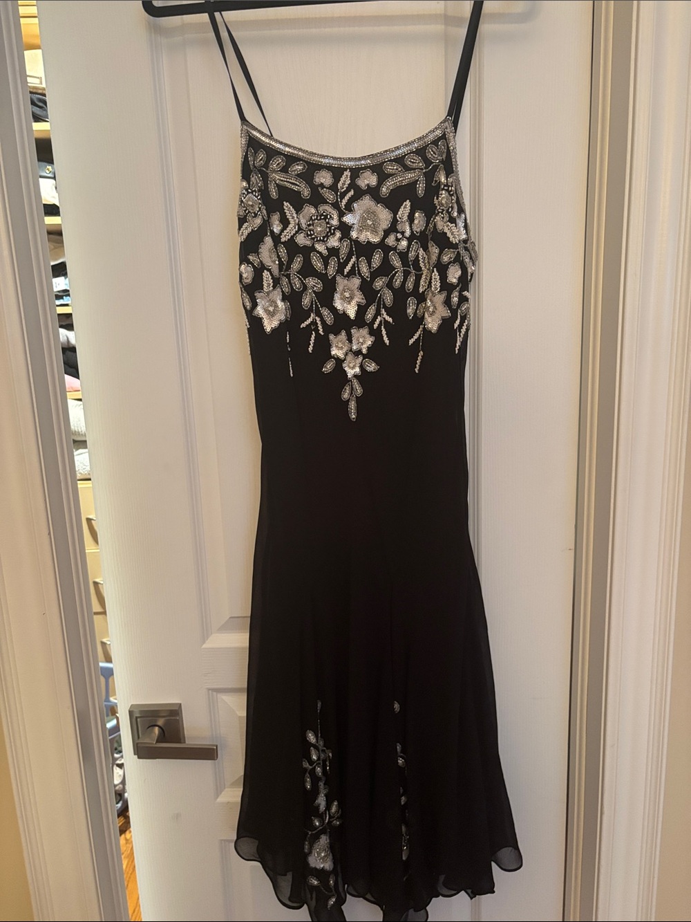 J Kara Black Midi Dress with Silver Floral Beading US 8
